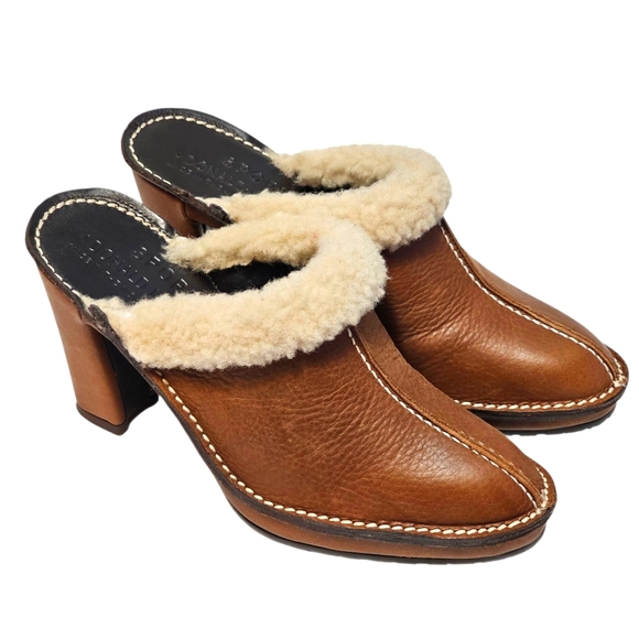 Donald J Pliner BHAPPY Leather Heeled Mule Clogs Women’s Sz 6 M Tan Sherpa Trim - Picture 1 of 16